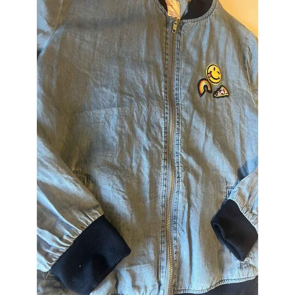 JUSTICE Sz 16/18 Jacket Denim Bomber Emoji Patches Coat Lyocell School Layering